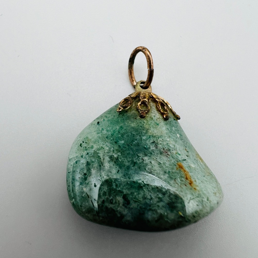 Vintage Green Stone Pendant Gold Tone Natural Stone Nugget Charm Boho